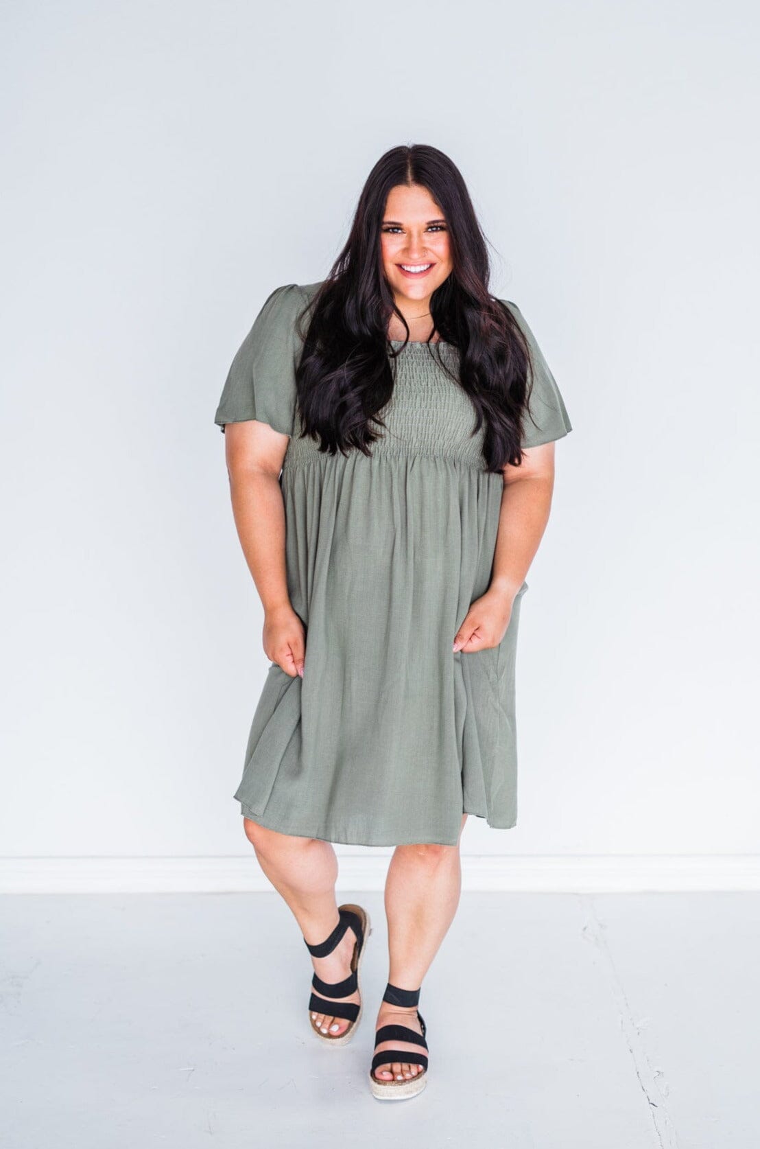 Shirred Thing Square Neck Dress in Olive
